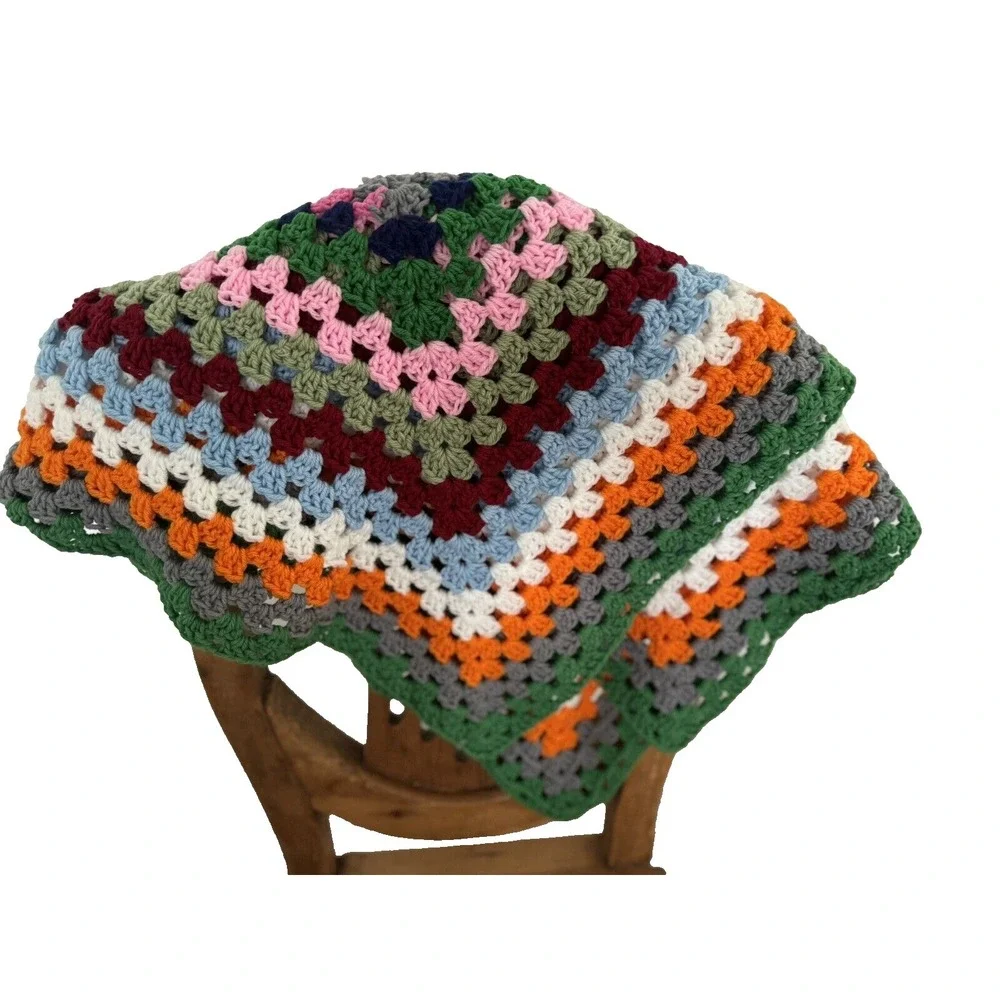 Handmade 70s Style Granny Square Crocheted Afghan Multicolored Boho 45x45 in